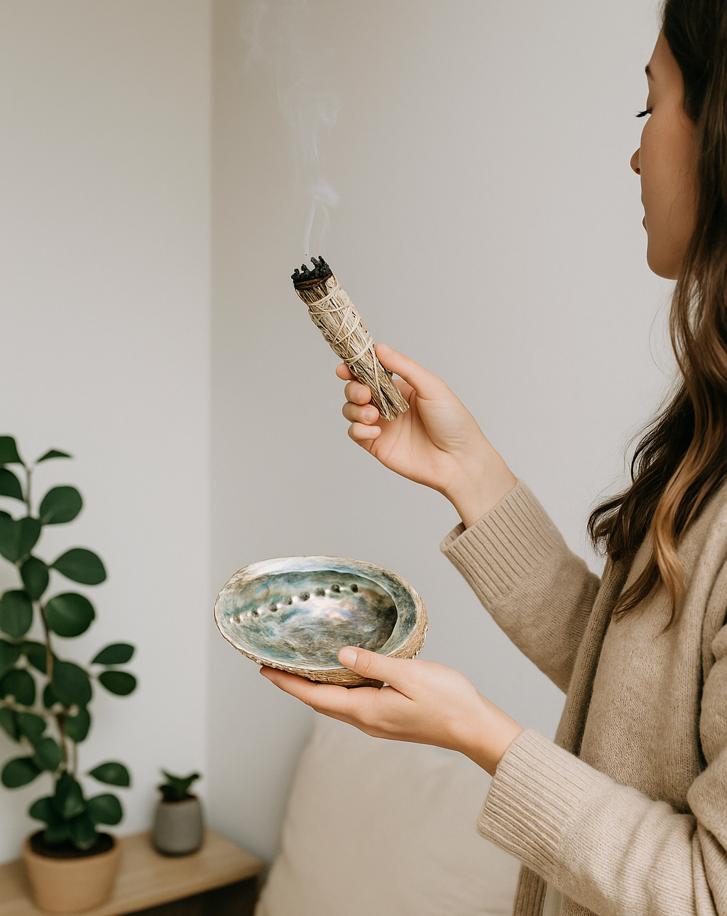 Woman holding a smoldering sage stick and abalone shell indoors. Gift